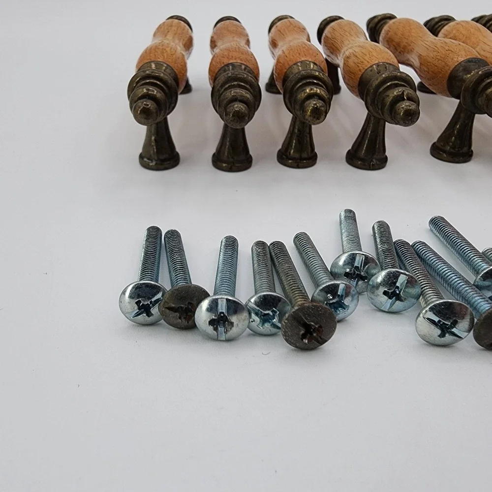 Vintage Salvaged Recycled‎ Wood & Brass Drawer Pulls Oak & Metal Cabinet Handles